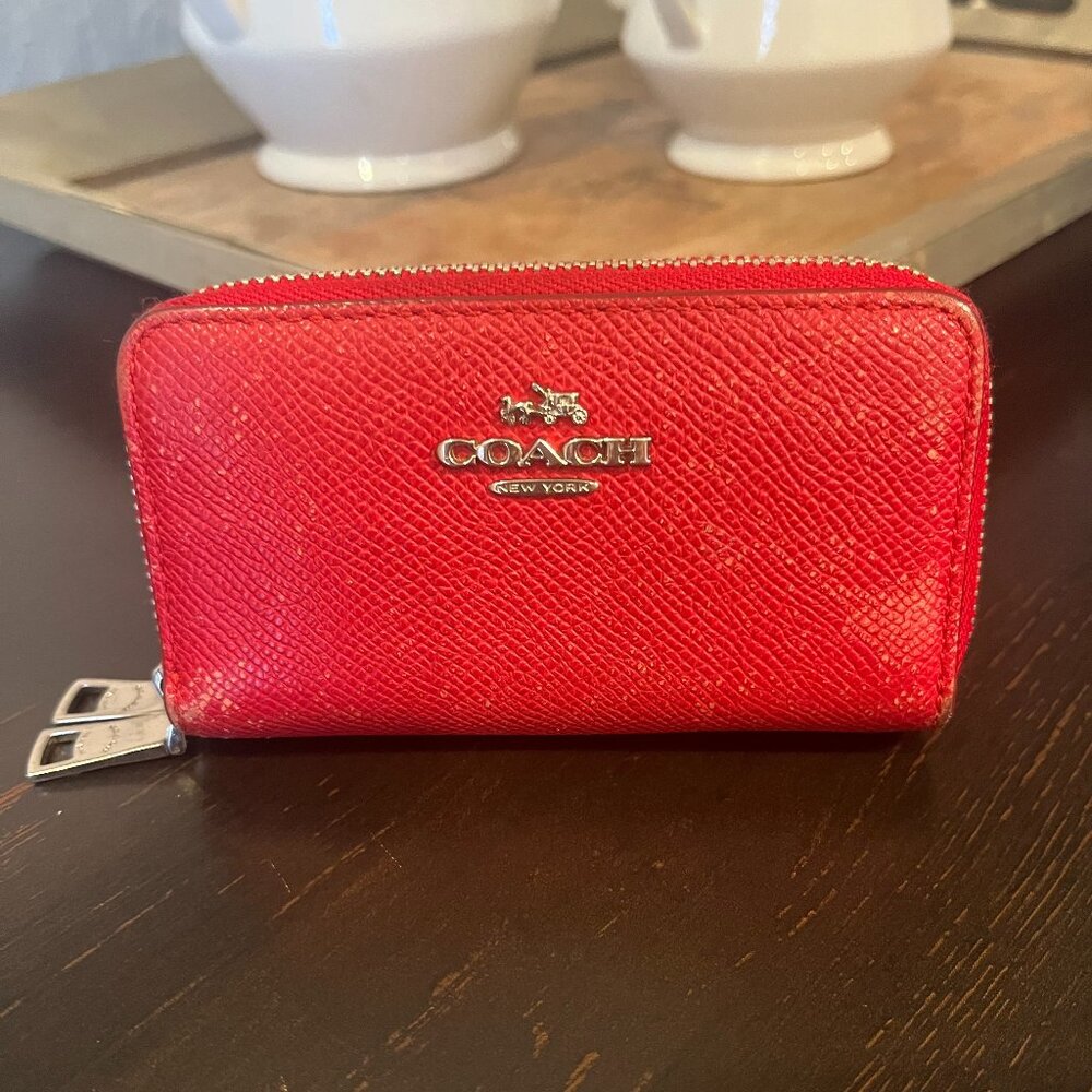 Coach Red Leather Double Zip Wallet